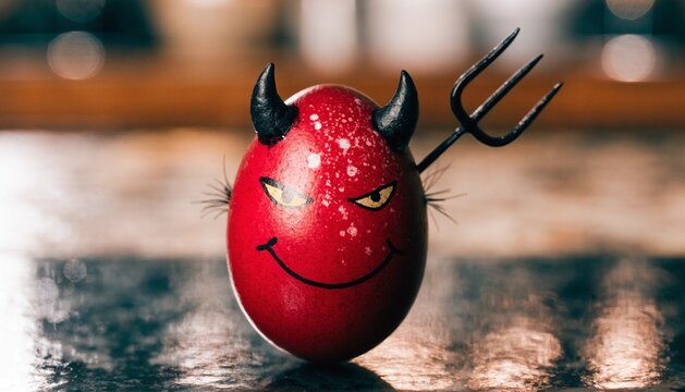 A "deviled egg" rendered as an actual tiny red devil egg with tiny horns, a pitchfork, and a mischievous grin.