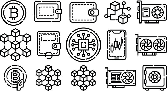 Set of cryptocurrency and blockchain technology icons, including bitcoin, digital wallets, mining hardware, and network structures