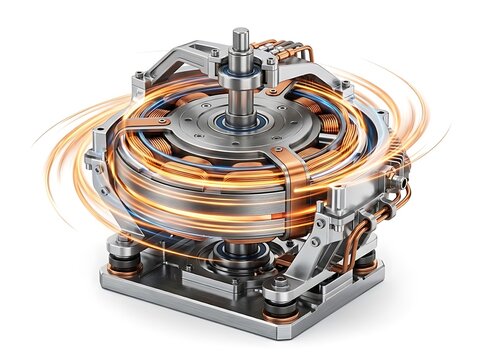 Axial Flux Electric Motor Brushless Generator Sci Fi Metallic 3D, Symbol Of Stator Copper Winding Permanent Magnet Synchronous Engine Rotor Electromagnetic Drive EV Powertrain Dynamo Machinery