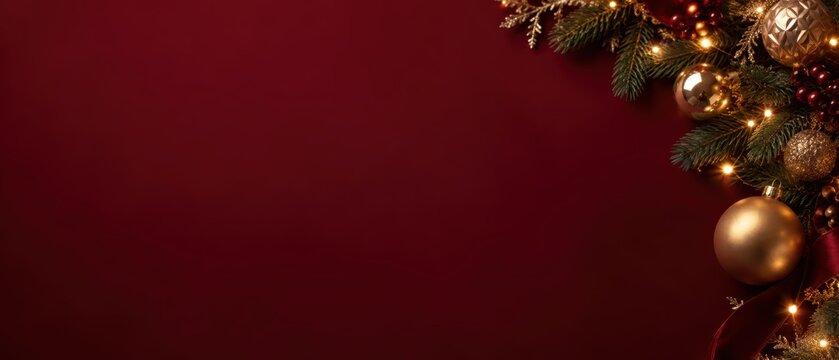 dark burgundy christmas background with pine branches, golden baubles, red berries and warm string lights