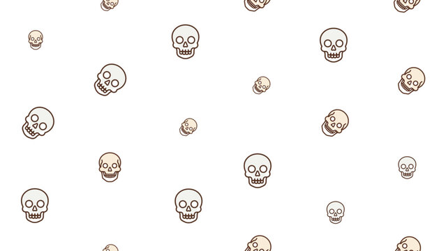 A playful textile pattern featuring multiple cartoon skull graphics scattered across the entire surface to create a fun Halloween themed repeating design for festive seasonal decorations