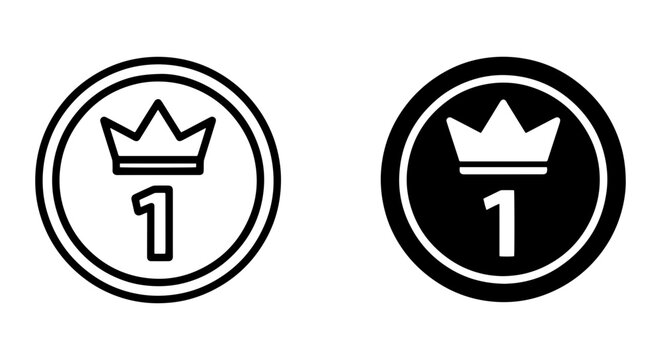 Crown and Number 1 Coin Icons, Royalty and Success Symbols, Vector Graphics