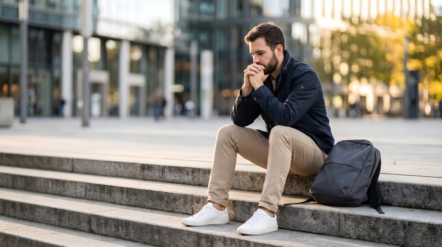 Young Man Sitting Alone Outdoors Reflecting on Mental Health and Emotional Wellbeing
