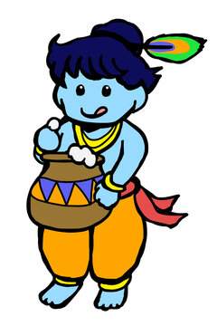 Cute chibi Bal Krishna eating butter from a pot, Janmashtami festival illustration