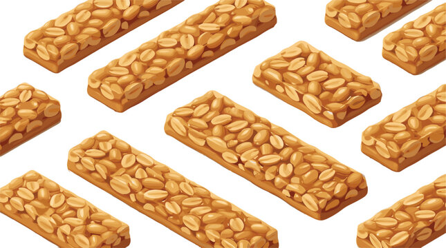 Vector seamless pattern illustration of crunchy peanut brittle kozinaki bars scattered diagonally on a clean white background.