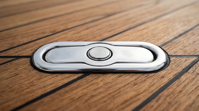 Close up view of modern oval stainless steel flush pop up boat cleat installed on teak wood decking of luxury yacht. 