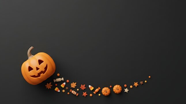 Carved jack o lantern pumpkin with scattered halloween candy on black