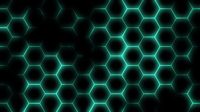 Green Hexagon Grid Glowing Background with Neon Technology Glow Effect