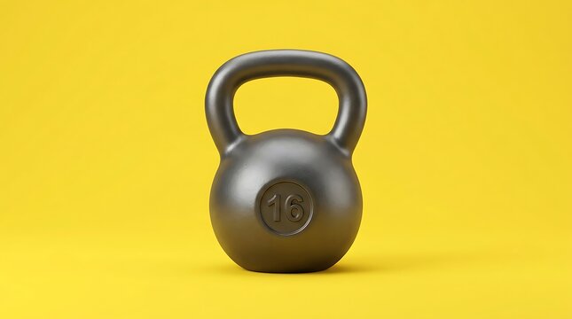 Metal kettlebell with sixteen kilogram weight marking sitting centered against a vibrant solid yellow studio background
