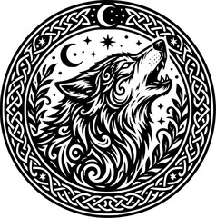 Fototapeta premium Black and white howling wolf head illustration inside a celtic knot circle