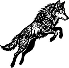 Obraz premium Black and white tribal wolf silhouette with forest landscape double exposure