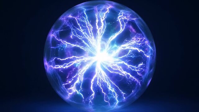 Energetic Plasma Sphere: A glowing sphere filled with vibrant blue and purple electrical currents, resembling a contained lightning storm, pulses with raw energy.