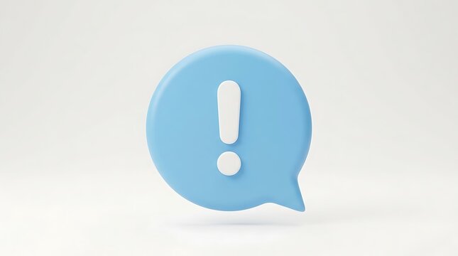 Blue speech bubble with white exclamation mark icon rendered in smooth three dimensional plastic style material