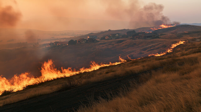 Wildfire burning across dry grass hills near houses at sunset