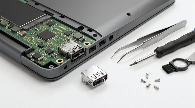 Laptop repair process with disassembled circuit board and USB port, electronic hardware maintenance tools, computer technician workspace with tweezers and screws