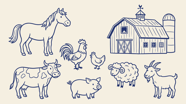 Farm animals and barn collection outline vector illustration with horse cow pig sheep goat rooster hen and silo
