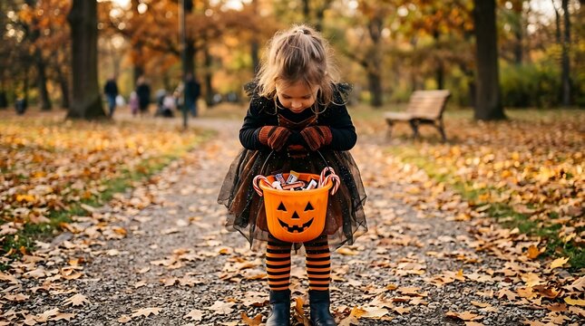 Little girl in halloween witch costume holding a plastic pumpkin candy bucket in autumn park woods