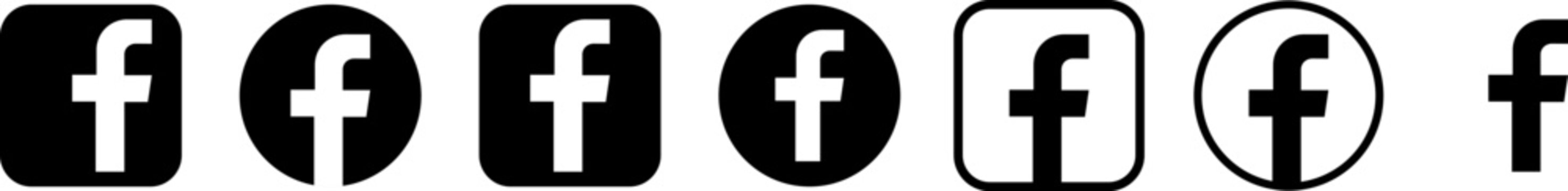 Set of black facebook social media letter f in various shapes including circles and squares isolated on a white background collection