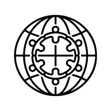 Minimalist line art icon representing global community unity and connection with people holding hands around a globe