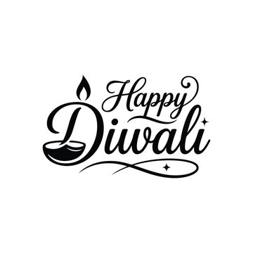 Happy diwali greeting card design with elegant black calligraphy and a traditional oil lamp diya illustration