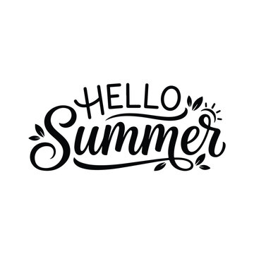 Hello summer hand written lettering design with decorative leaves and sun elements on white background