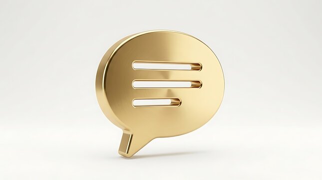 Shiny golden speech bubble icon rendered in three dimensional style with soft light on white background