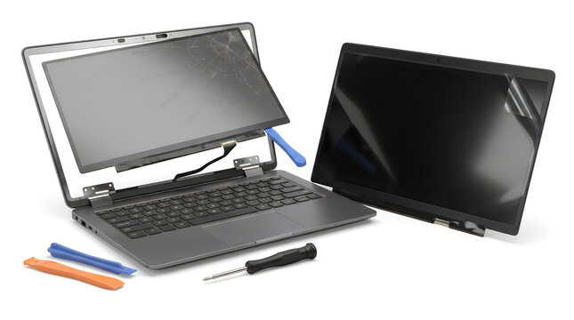Broken laptop screen repair with replacement LCD panel and tools, disassembled notebook computer with cracked display, professional hardware maintenance