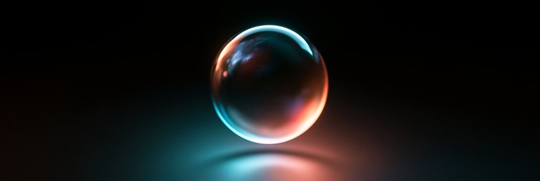 Glass sphere reflecting neon blue and red lights. Glowing transparent sphere floating with vibrant light reflections on a dark background