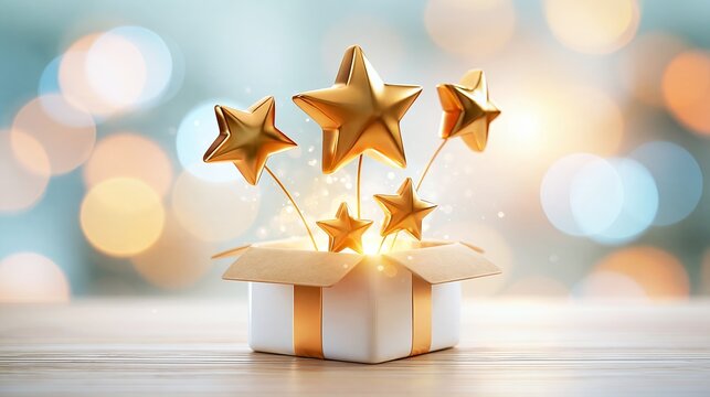 Golden stars emerging from box representing product rating. Golden stars popping out of an open box, symbolizing excellent customer review and quality