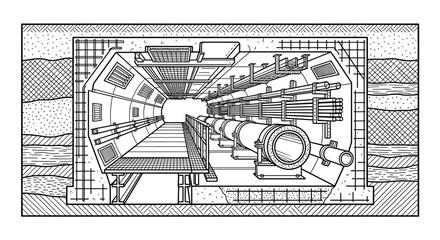 Fototapeta premium Cross section of a futuristic tunnel with advanced technology and machinery.