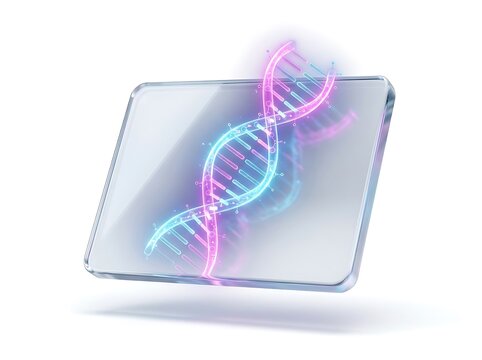 DNA Sequencing Glass Tablet Biochip Modern Clean 3D, Symbol Of Digital Healthcare Genetics Bioinfomatics Mobile Diagnostics Molecular Biology Gene Editing Screen Laboratory Biotechnology