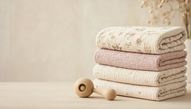 A stack of soft folded baby muslin swaddle blankets with a wooden rattle on a neutral background