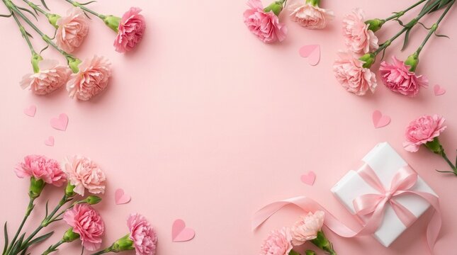 Vertical Happy Mother's Day greeting featuring pink carnations, a wrapped gift tied with a ribbon, and paper hearts on a soft pastel background.