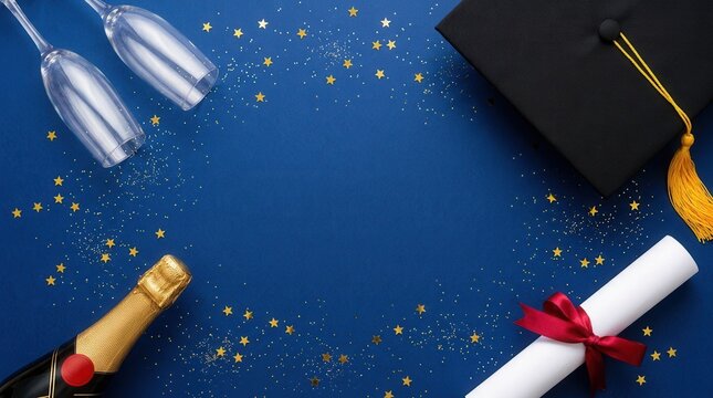 Festive vertical setup featuring a graduation cap, champagne bottle, confetti, and diploma symbolizing celebration and achievements