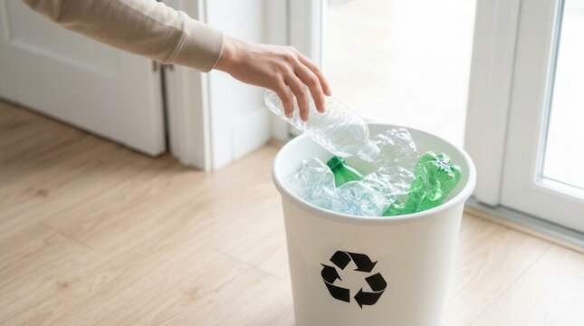 Plastic bottle thrown into recycling bin filled with clear and green containers on wooden floor, illustrating domestic waste management and responsible sustainable lifestyle