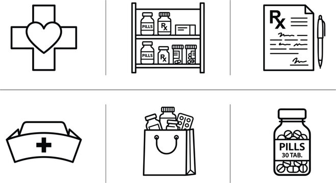 Pharmacy and prescription medicine line vector icons set featuring drugstore shelves medical bag and prescription pad