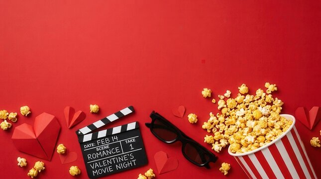 Inviting vertical setup for a romantic Valentine's Day movie night with popcorn, paper hearts, and themed decorations on a red background
