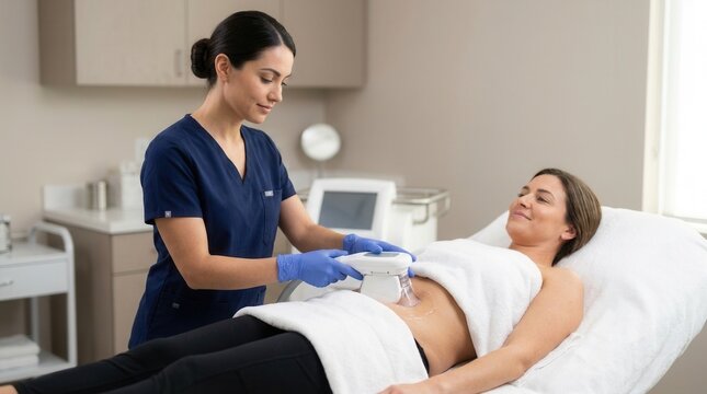 Clinician performing cryolipolysis fat freezing on patient's stomach in clinic.