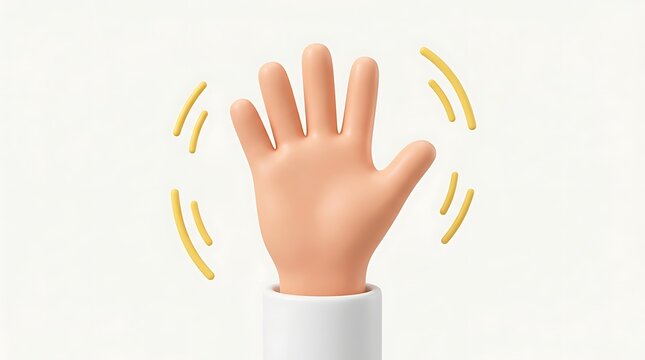 Cartoon hand waving hello gesture showing five fingers rendered in smooth three dimensional plastic style art