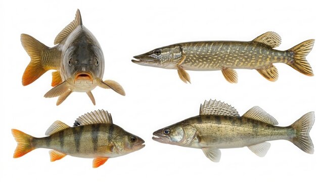 Set of freshwater fish including carp, pike, perch, and zander isolated on a clean white background with studio lighting