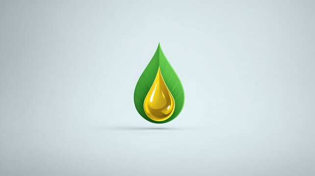 Golden Oil Drop on Green Leaf Symbol