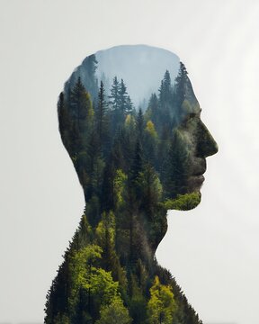 A double exposure image blending a human profile with a dense forest landscape, symbolizing a connection between nature and the human mind.