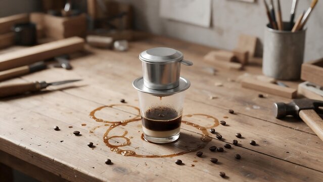 Vietnamese drip coffee maker phin on glass with condensed milk on wooden carpenter workshop table with tools