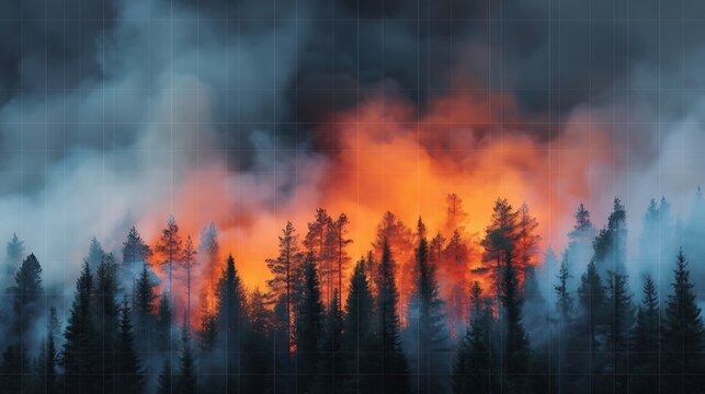 A forest fire engulfs tall pine trees, with thick smoke rising against a dark sky, highlighting the intense flames and environmental destruction.