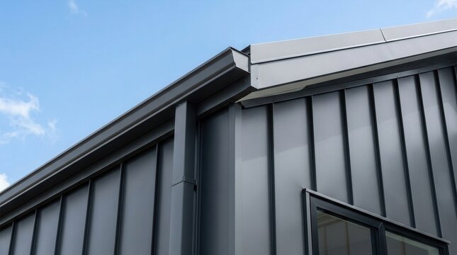 Exterior of a modern building featuring a metal roof, eaves, and window