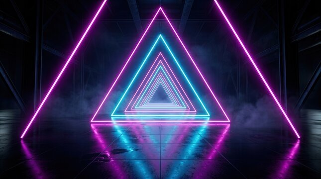 Neon triangular light in a dark futuristic studio with reflections
