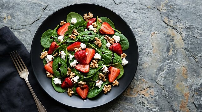 Fresh spinach strawberry salad with walnuts and goat cheese served on a sleek black round plate