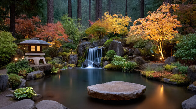 Serene Japanese garden with waterfall and lantern