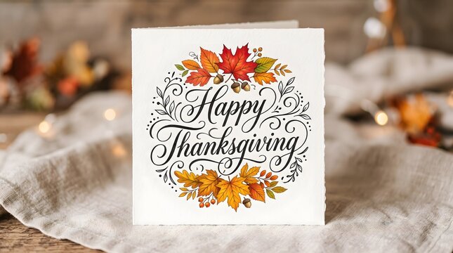 Watercolor happy thanksgiving card with autumn leaves and elegant calligraphy