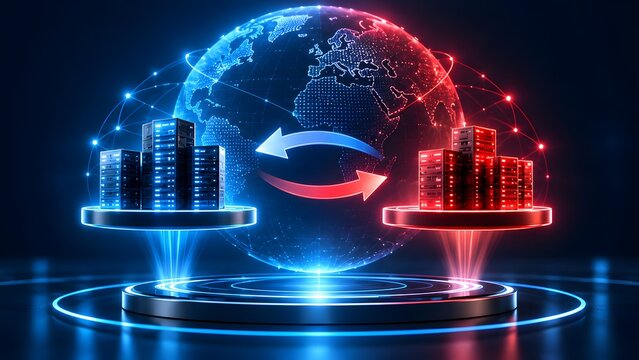 Global network data migration concept illustrating secure server synchronization and international digital information transfer across a futuristic connected globe